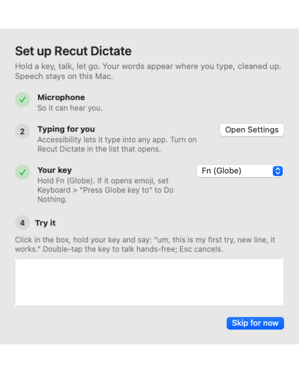 The setup guide with microphone, Accessibility, key choice and a practice box